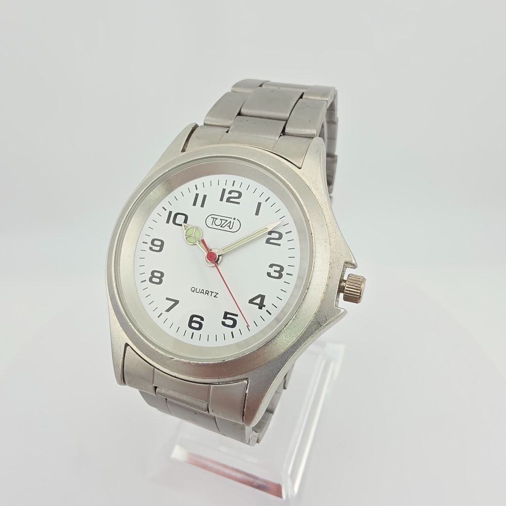 Vintage TONAI Mens Analog Watch White Dial Japanese Movement Stainless Steel 7"